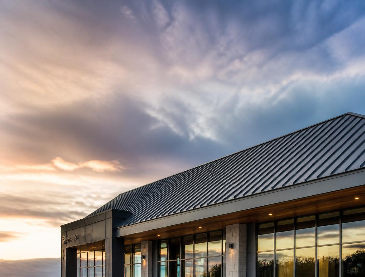 Standing seam metal roof on a commercial building