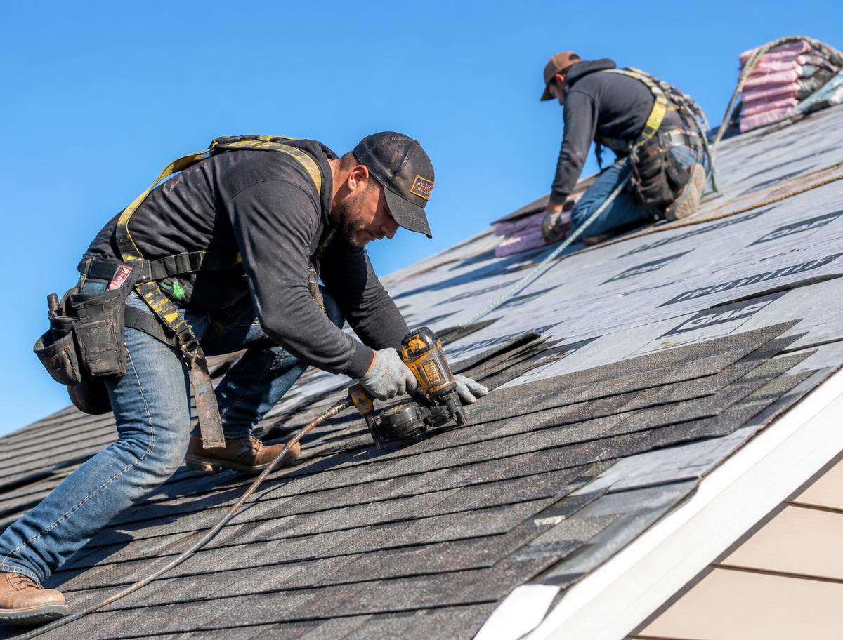 Central Indy Roofing crew installing shingles